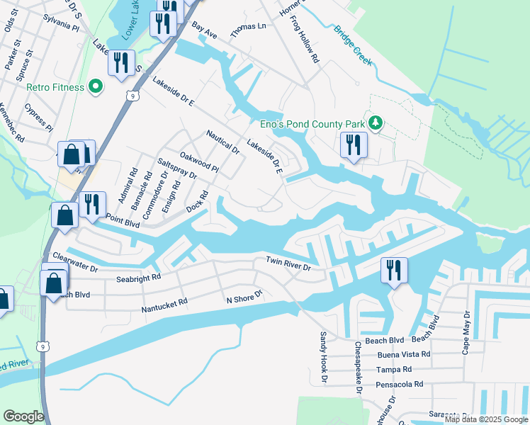map of restaurants, bars, coffee shops, grocery stores, and more near 79 Saltspray Drive in Lacey Township