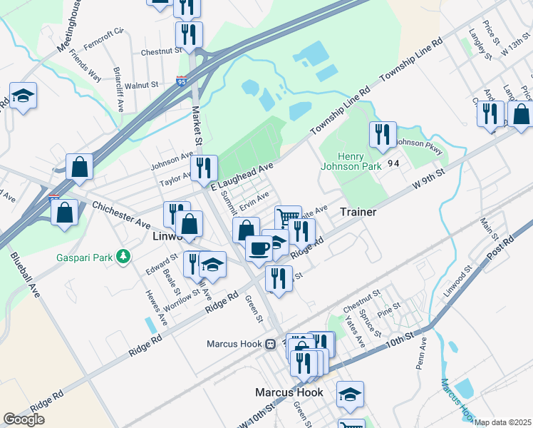 map of restaurants, bars, coffee shops, grocery stores, and more near 146 Chadwick Avenue in Marcus Hook