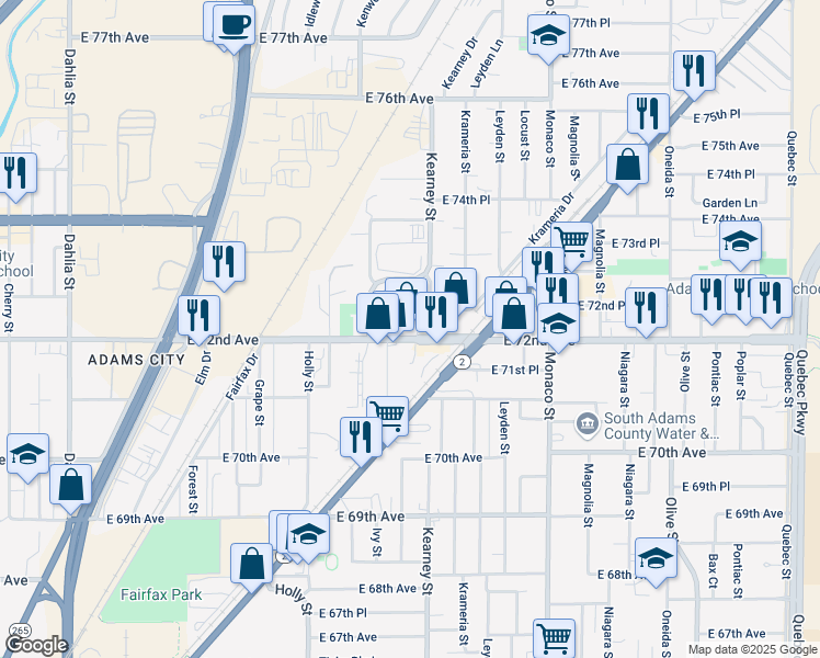 map of restaurants, bars, coffee shops, grocery stores, and more near 7273 Kearney Street in Commerce City