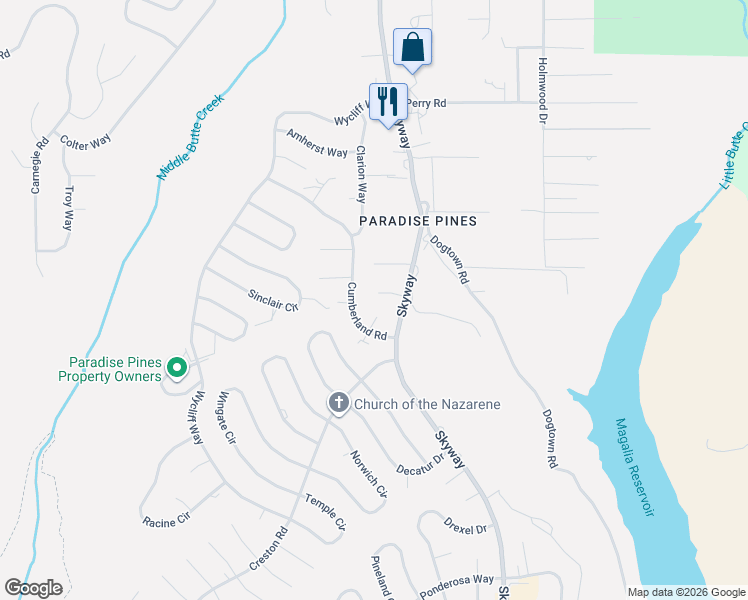 map of restaurants, bars, coffee shops, grocery stores, and more near 6409 Corning Court in Magalia