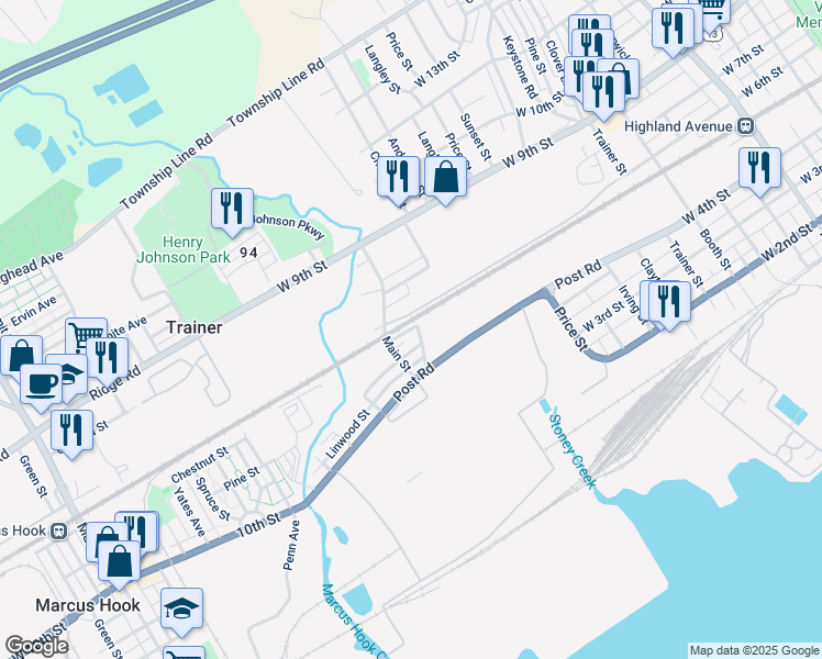 map of restaurants, bars, coffee shops, grocery stores, and more near 4121 Pennsylvania Street in Trainer