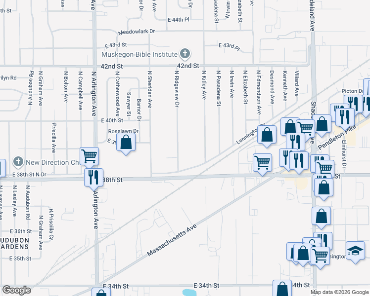 map of restaurants, bars, coffee shops, grocery stores, and more near 3913 North Ridgeview Drive in Indianapolis