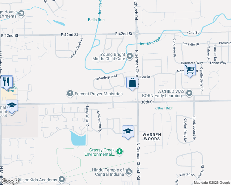 map of restaurants, bars, coffee shops, grocery stores, and more near 3855 North Bressingham Drive in Indianapolis