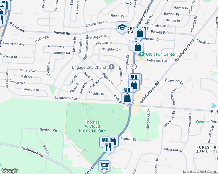map of restaurants, bars, coffee shops, grocery stores, and more near 4397 Kitridge Road in Dayton