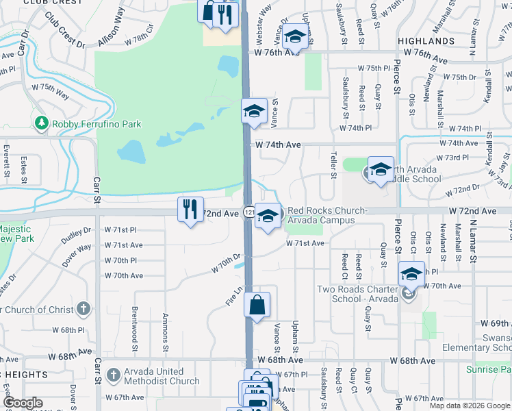 map of restaurants, bars, coffee shops, grocery stores, and more near 7589 West 72nd Avenue in Arvada