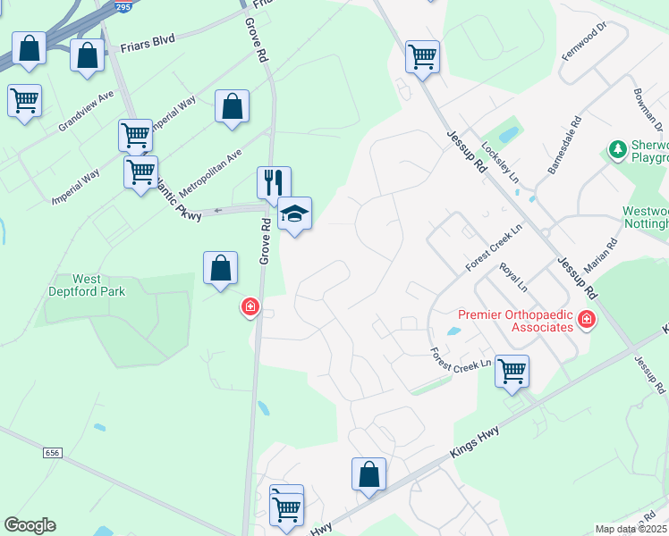 map of restaurants, bars, coffee shops, grocery stores, and more near 640 Worcester Drive in West Deptford