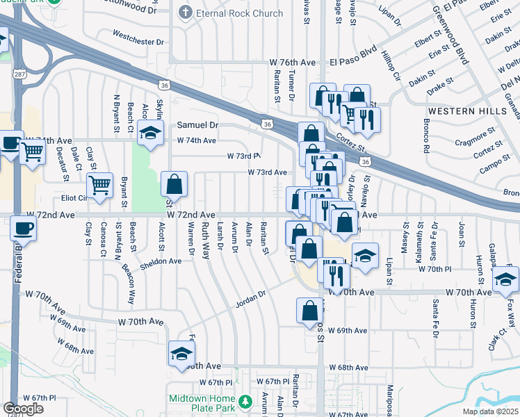 map of restaurants, bars, coffee shops, grocery stores, and more near 7230 Alan Drive in Denver