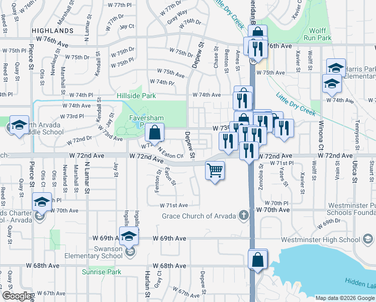 map of restaurants, bars, coffee shops, grocery stores, and more near 5597 West 72nd Place in Westminster