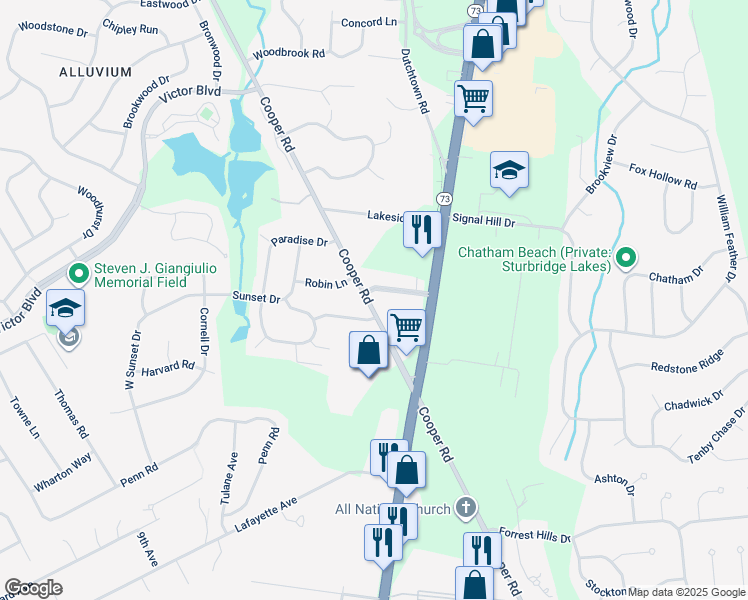 map of restaurants, bars, coffee shops, grocery stores, and more near 8 Lakevilla Drive in Voorhees Township