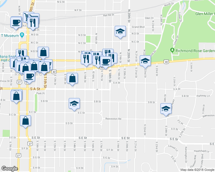 map of restaurants, bars, coffee shops, grocery stores, and more near 51 South 17th Street in Richmond