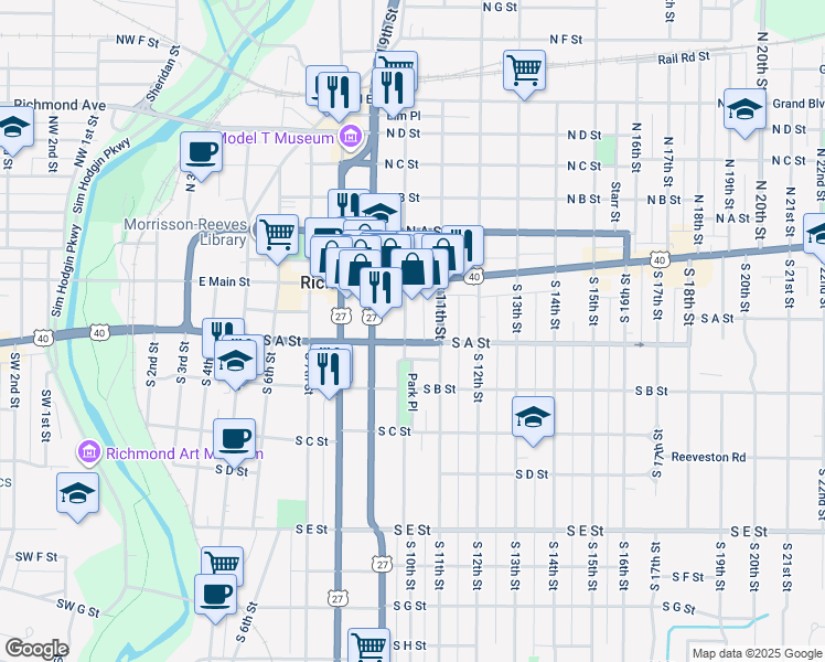 map of restaurants, bars, coffee shops, grocery stores, and more near 22 South 10th Street in Richmond
