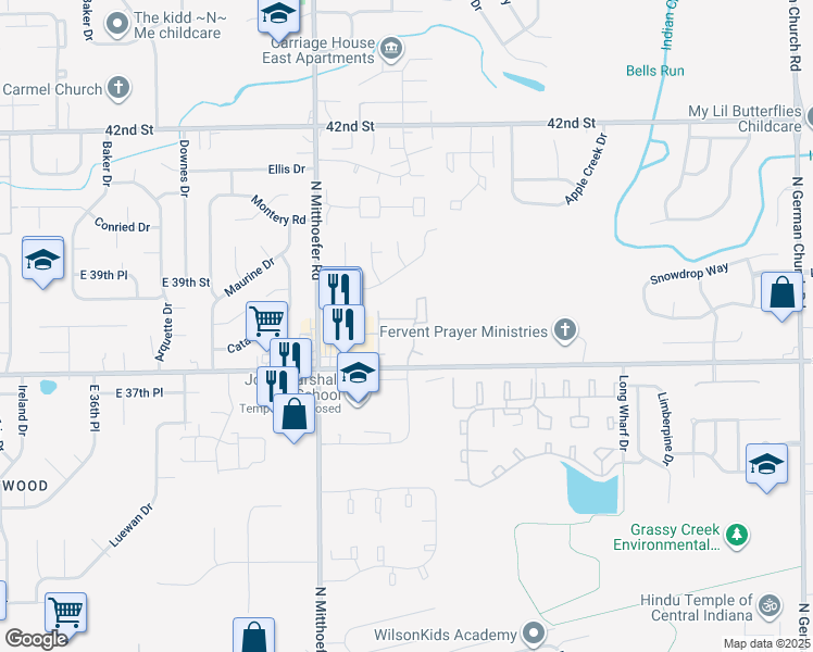 map of restaurants, bars, coffee shops, grocery stores, and more near 3816 Trilbey Drive in Indianapolis