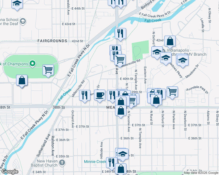map of restaurants, bars, coffee shops, grocery stores, and more near 3940 North Keystone Avenue in Indianapolis