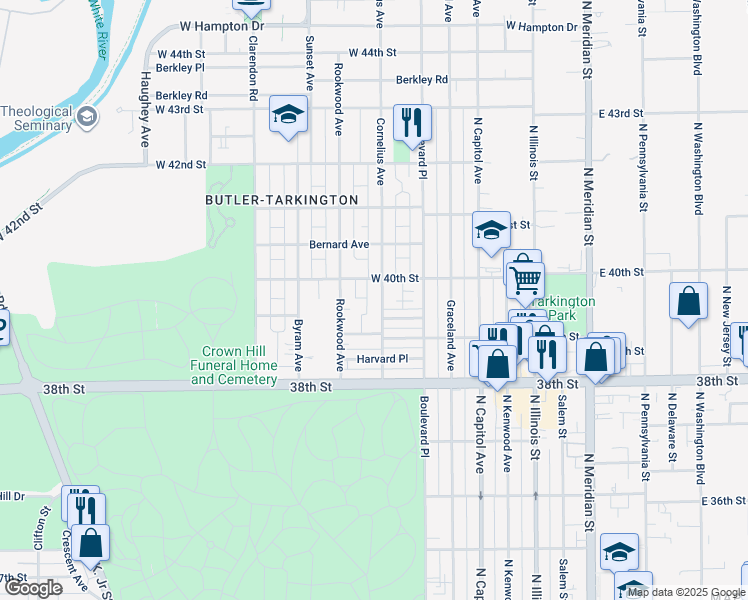 map of restaurants, bars, coffee shops, grocery stores, and more near 3958 Cornelius Avenue in Indianapolis