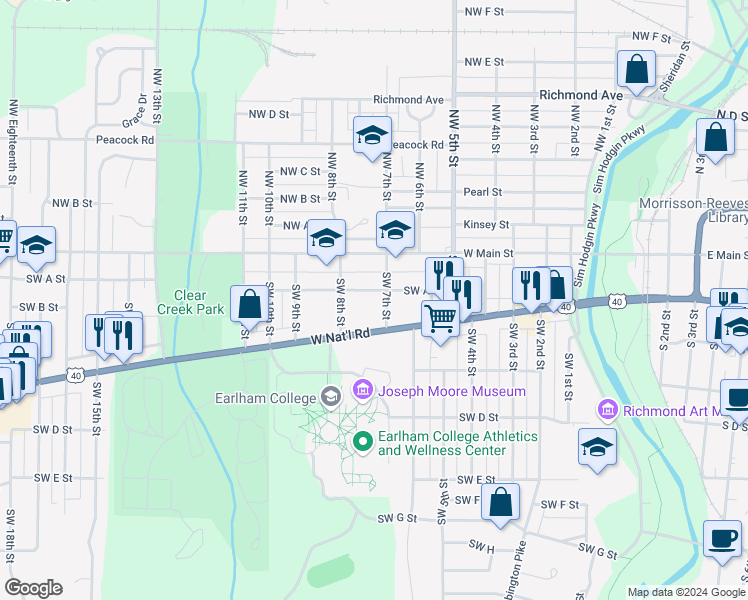 map of restaurants, bars, coffee shops, grocery stores, and more near 709 Southwest A Street in Richmond