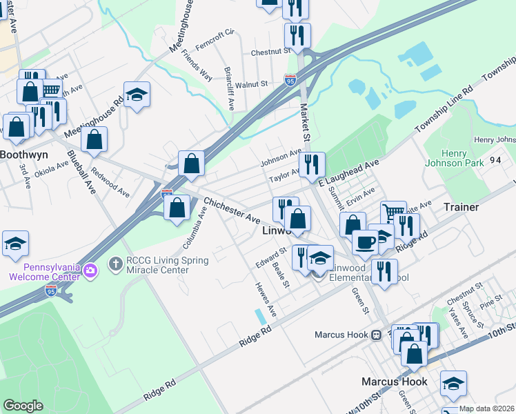 map of restaurants, bars, coffee shops, grocery stores, and more near 603 Taylor Avenue in Boothwyn