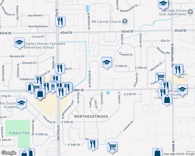 map of restaurants, bars, coffee shops, grocery stores, and more near 9313 Elmtree Court in Indianapolis