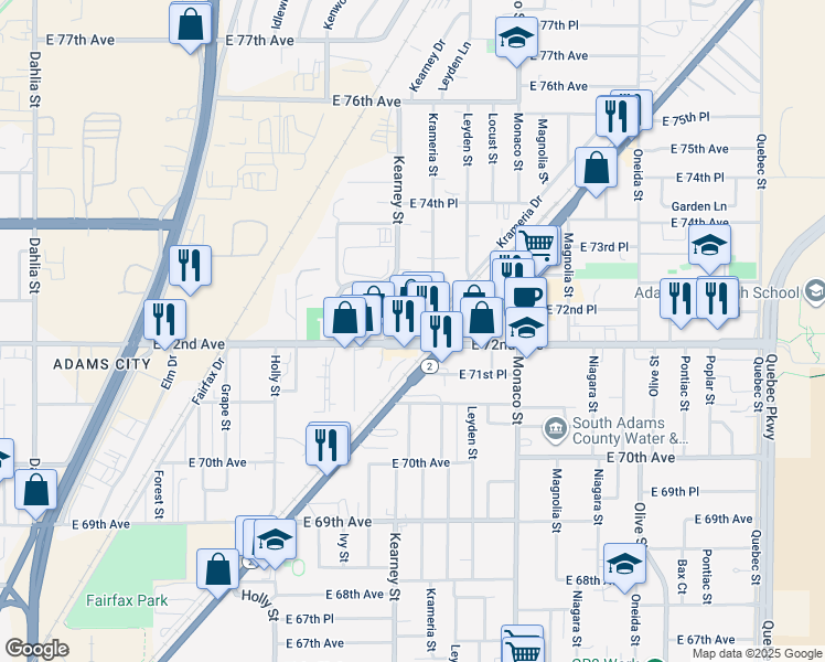 map of restaurants, bars, coffee shops, grocery stores, and more near 7273 Kearney Street in Commerce City