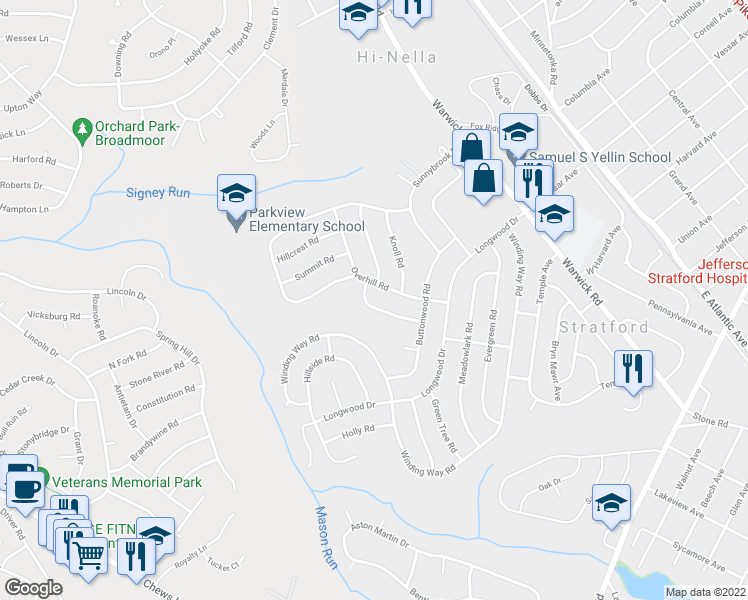 map of restaurants, bars, coffee shops, grocery stores, and more near 26 Overhill Road in Stratford
