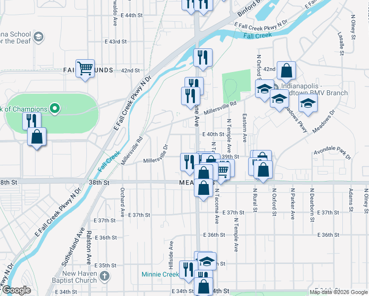 map of restaurants, bars, coffee shops, grocery stores, and more near 3940 North Keystone Avenue in Indianapolis