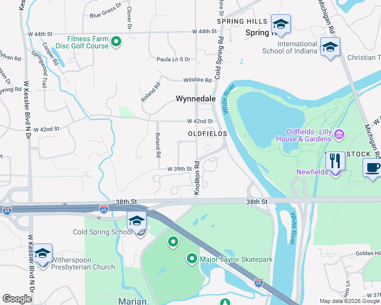 map of restaurants, bars, coffee shops, grocery stores, and more near 4040 Knollton Road in Indianapolis