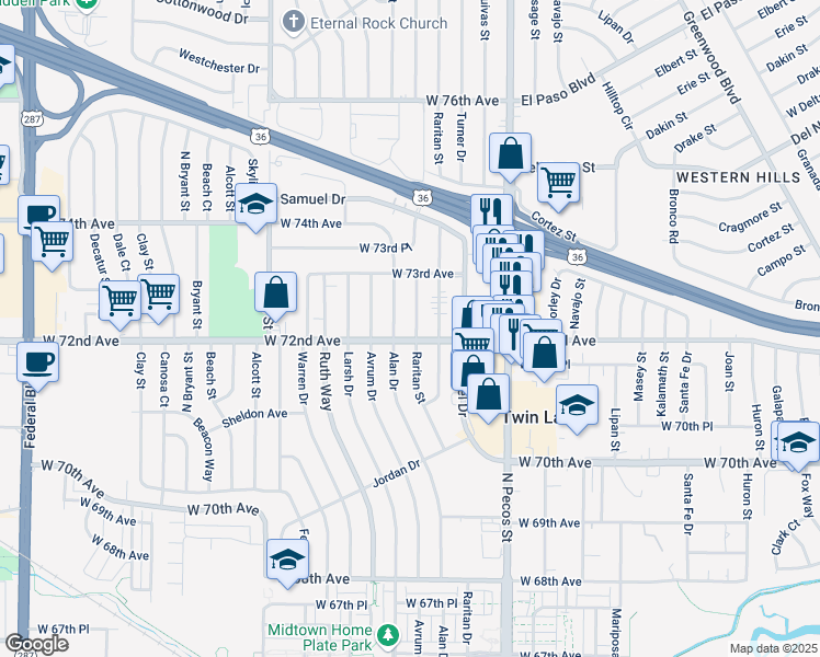 map of restaurants, bars, coffee shops, grocery stores, and more near 7230 Alan Drive in Denver