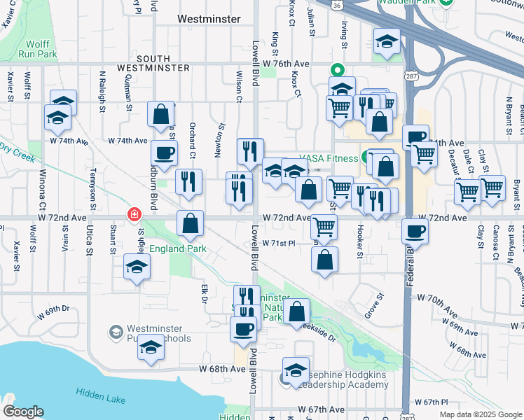 map of restaurants, bars, coffee shops, grocery stores, and more near 7200 Lowell Boulevard in Westminster