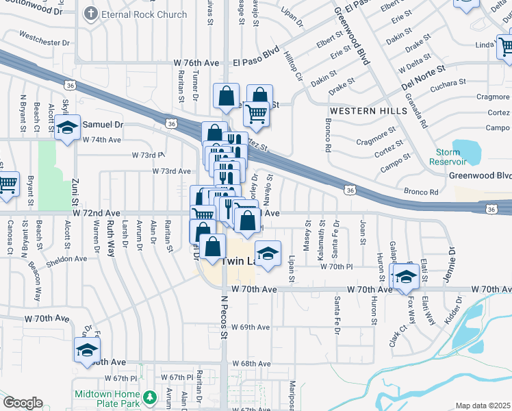 map of restaurants, bars, coffee shops, grocery stores, and more near 7222 Worley Drive in Denver