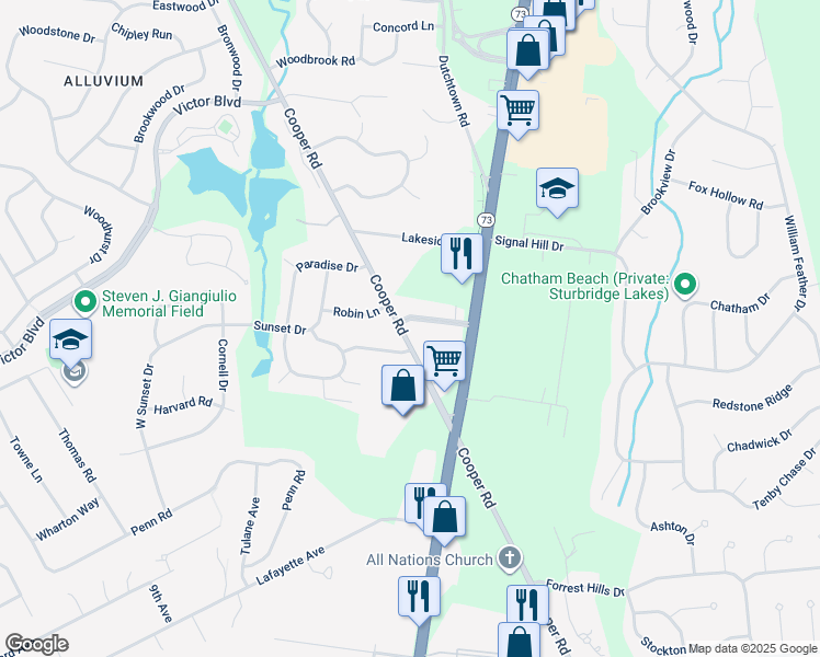 map of restaurants, bars, coffee shops, grocery stores, and more near 11 Lake Villa Drive in Voorhees Township
