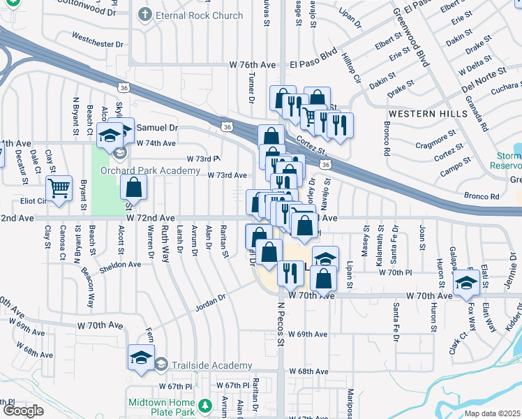 map of restaurants, bars, coffee shops, grocery stores, and more near 1701 West 72nd Avenue in Denver