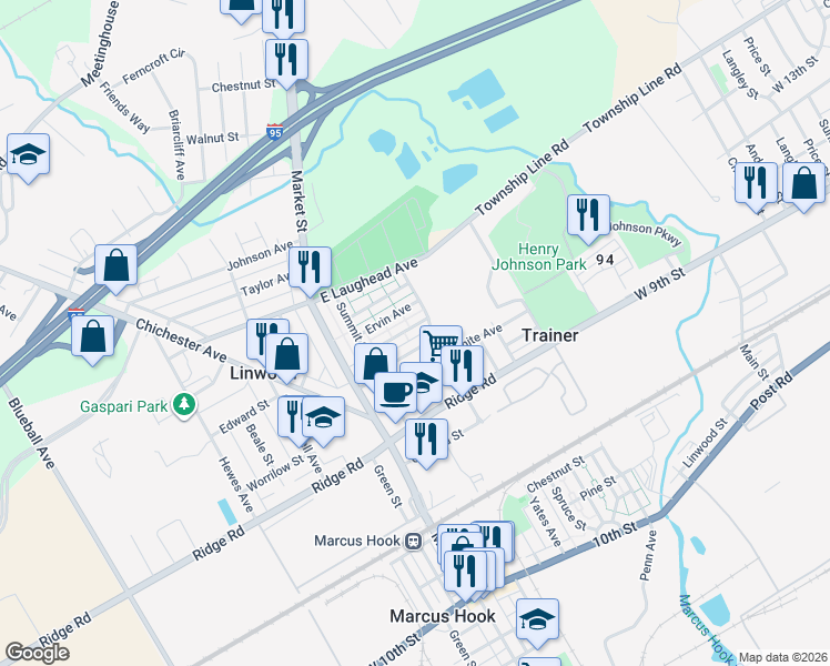 map of restaurants, bars, coffee shops, grocery stores, and more near 146 Chadwick Avenue in Marcus Hook