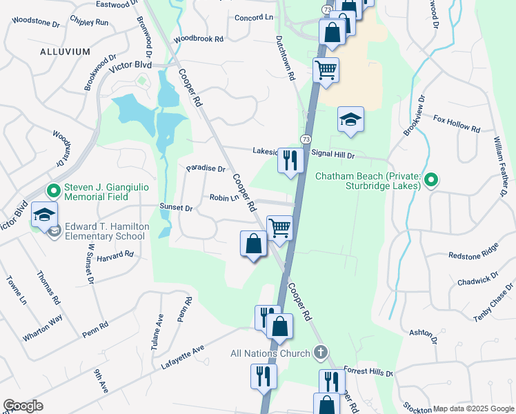 map of restaurants, bars, coffee shops, grocery stores, and more near 11 Lake Villa Drive in Voorhees Township