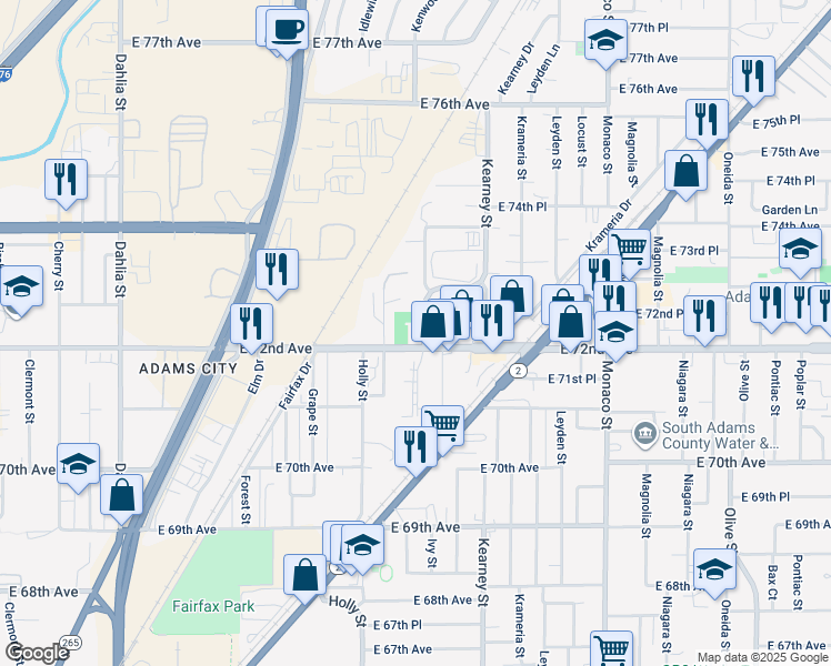 map of restaurants, bars, coffee shops, grocery stores, and more near 5721 East 72nd Avenue in Commerce City