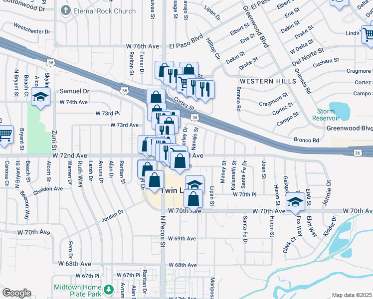 map of restaurants, bars, coffee shops, grocery stores, and more near 7222 Worley Drive in Denver