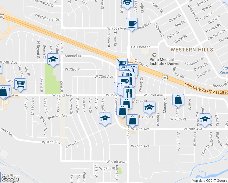 map of restaurants, bars, coffee shops, grocery stores, and more near 1701 West 72nd Avenue in Denver