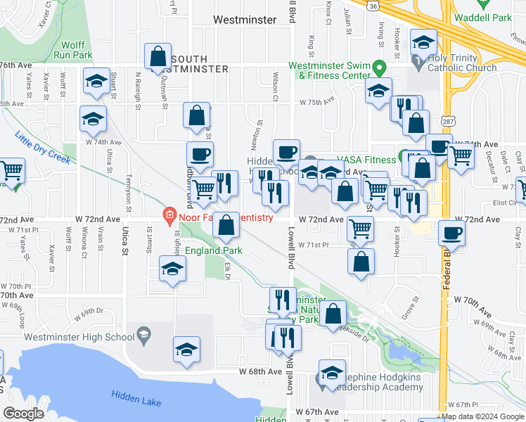 map of restaurants, bars, coffee shops, grocery stores, and more near 7233 Meade Street in Westminster
