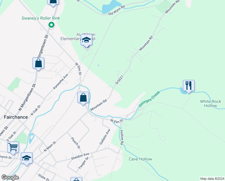 map of restaurants, bars, coffee shops, grocery stores, and more near 106 Mountain Road in Uniontown