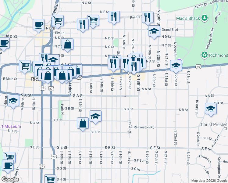 map of restaurants, bars, coffee shops, grocery stores, and more near 54 South 15th Street in Richmond