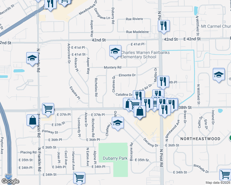 map of restaurants, bars, coffee shops, grocery stores, and more near 3908 Catalina Court in Indianapolis