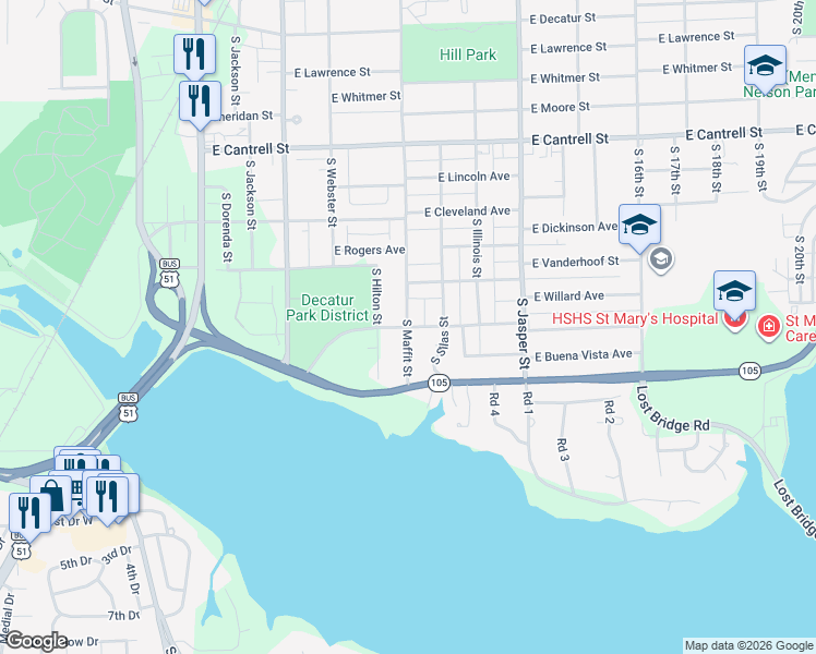 map of restaurants, bars, coffee shops, grocery stores, and more near 900 East Riverside Avenue in Decatur