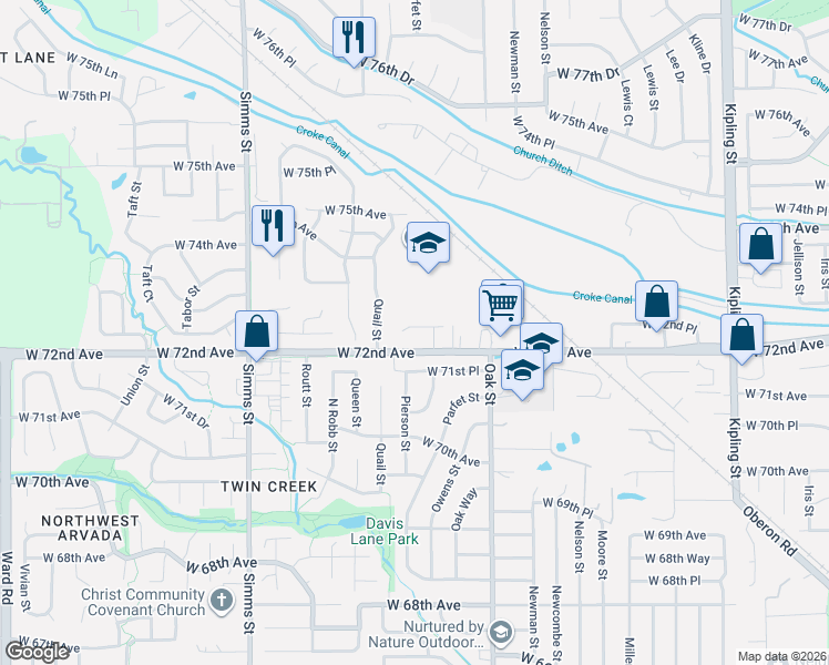 map of restaurants, bars, coffee shops, grocery stores, and more near 11301 West 72nd Avenue in Arvada