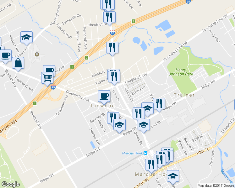 map of restaurants, bars, coffee shops, grocery stores, and more near 1570 Market Street in Linwood