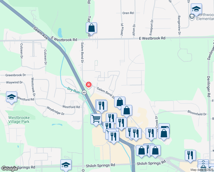 map of restaurants, bars, coffee shops, grocery stores, and more near 5511 Salem Bend Drive in Dayton