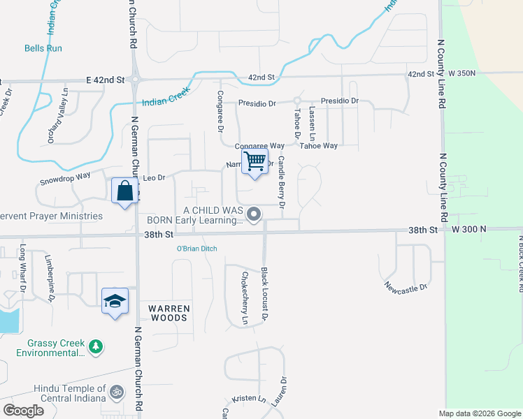 map of restaurants, bars, coffee shops, grocery stores, and more near 11338 Smoothbark Drive in Indianapolis