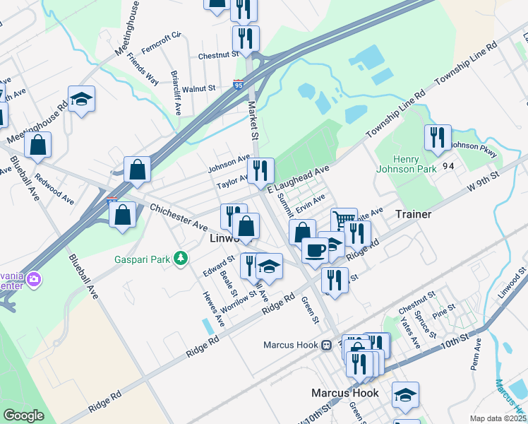 map of restaurants, bars, coffee shops, grocery stores, and more near 1570 Market Street in Linwood