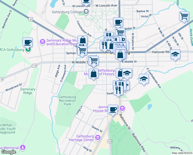 map of restaurants, bars, coffee shops, grocery stores, and more near 246 South Franklin Street in Gettysburg