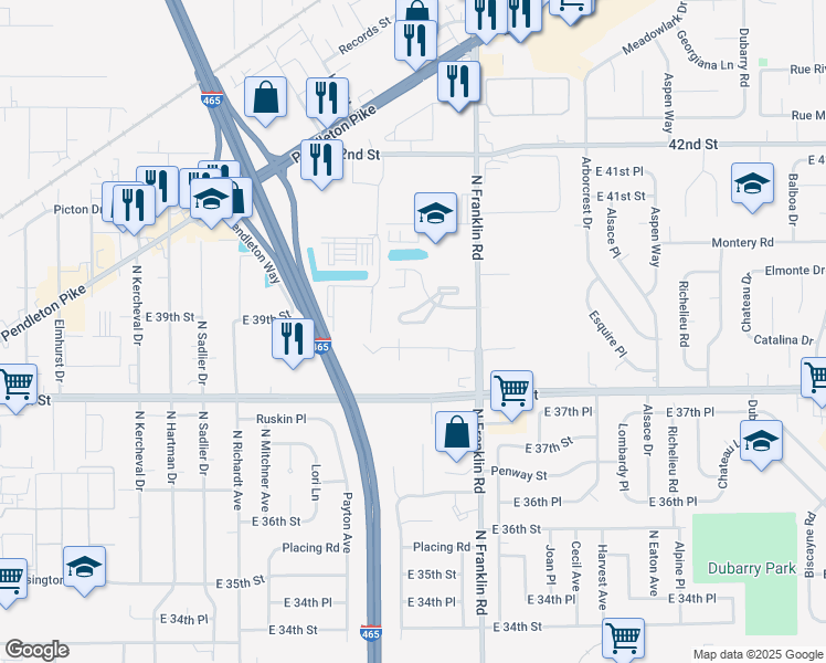 map of restaurants, bars, coffee shops, grocery stores, and more near 7827 Brookfield Court in Indianapolis