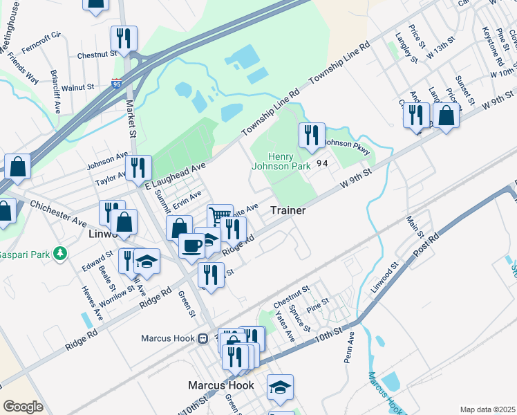 map of restaurants, bars, coffee shops, grocery stores, and more near 301 White Avenue in Linwood