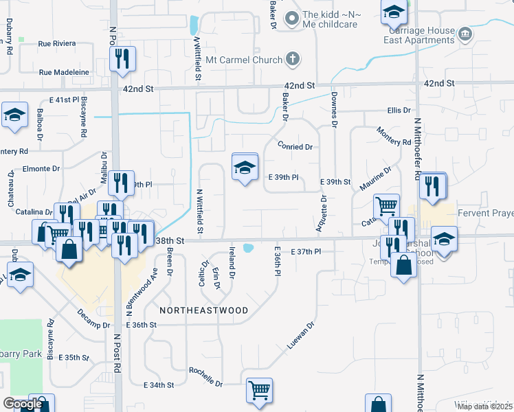 map of restaurants, bars, coffee shops, grocery stores, and more near 9426 Tower Lane in Indianapolis