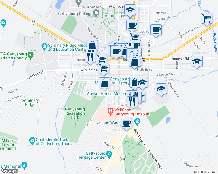 map of restaurants, bars, coffee shops, grocery stores, and more near 130 Pape Alley in Gettysburg